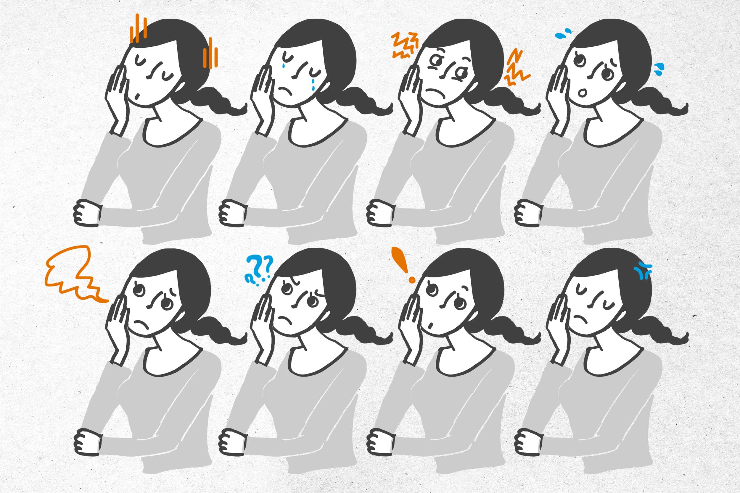 Illustration of two rows, each with four women in a thoughtful pose.