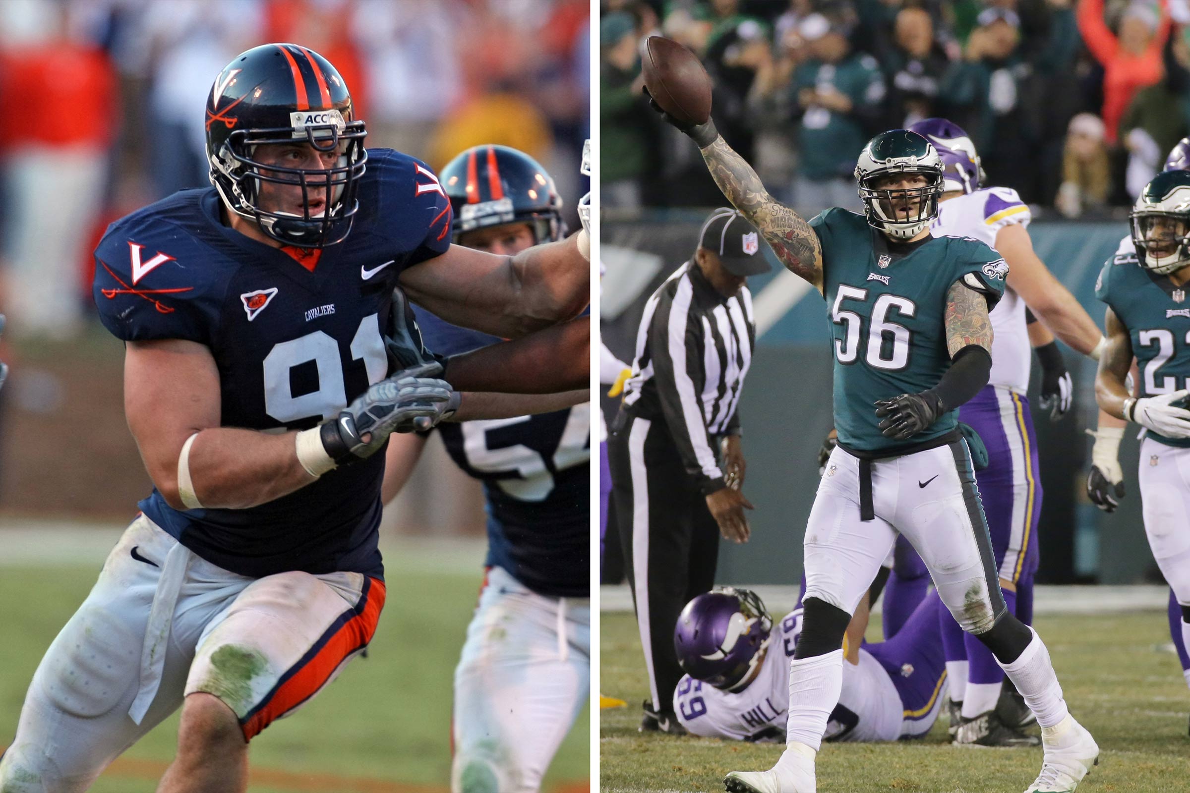 Long won Super Bowl LI with the New England Patriots in 2017 and was on the Super Bowl-winning Philadelphia Eagles team in 2018. Long sporting his UVA jersey on the left side, on the right side Long sports his Philadelphia Eagles jersey holding a football in the air in triumph