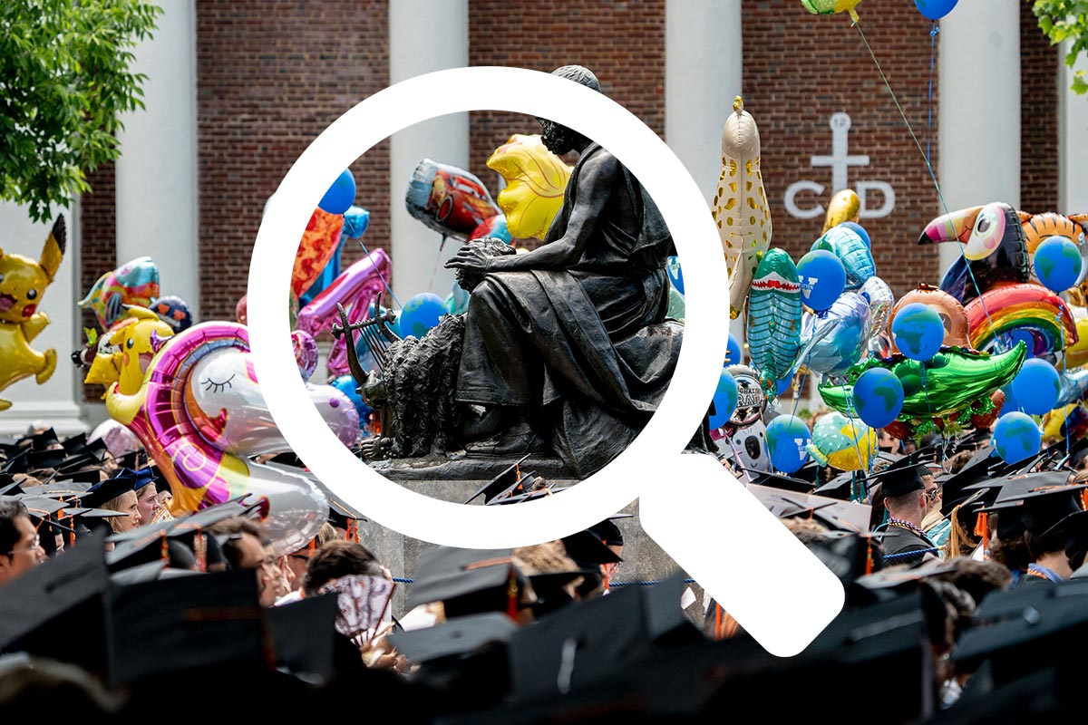 Balloons, Homer Statue, and Graduation Caps.