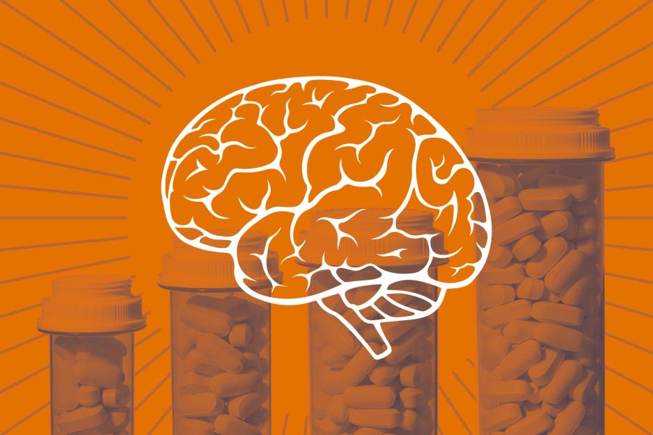 Illustration of a brain over a series of pill bottles