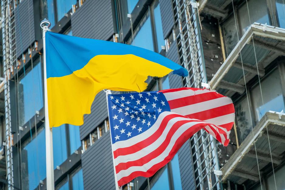 Flags of USA and Ukraine.
