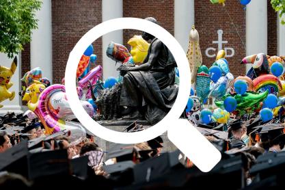 Balloons, Homer Statue, and Graduation Caps.