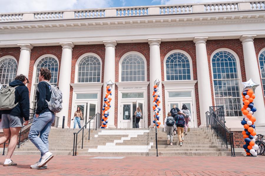 Portrait of the front entrance of UVA's Shannon Library.
