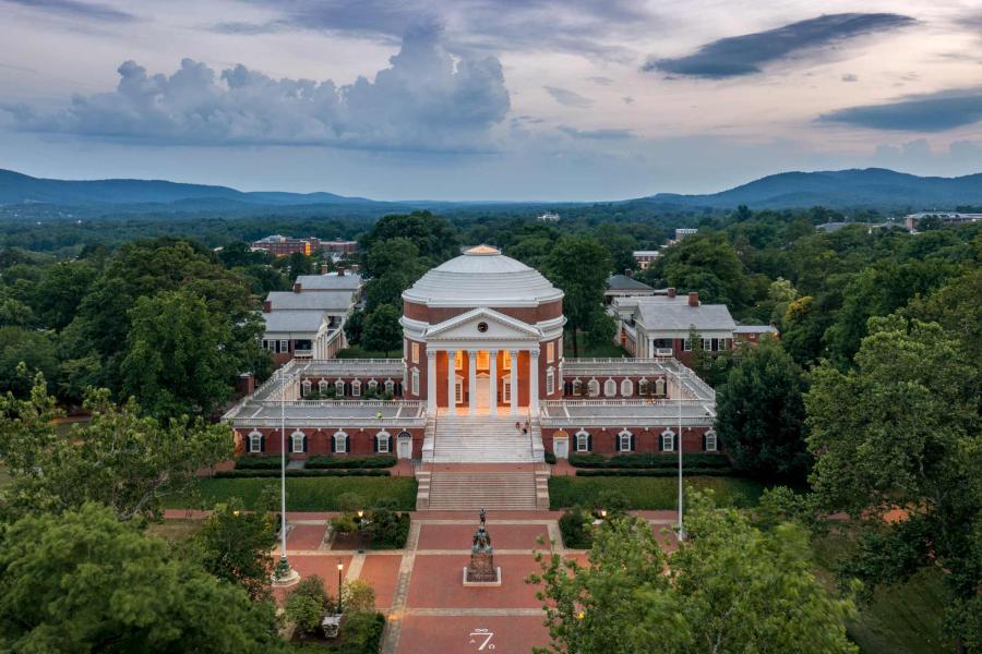 A view of the Rotunda and the Blue Ridge Mountains from above