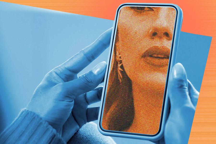A graphic illustration of hands holding a smartphone with an image of Scarlett Johansson dominating the screen 