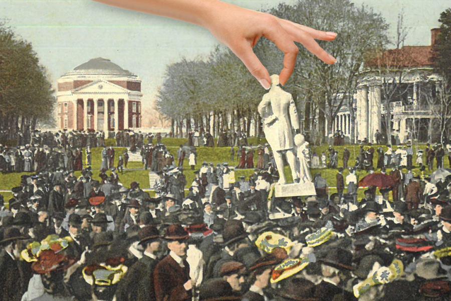 An illustration of a very old picture featuring the background of the UVA Rotunda with a crowd on the lawn, and a hand emerging to hold a statue of James Monroe.