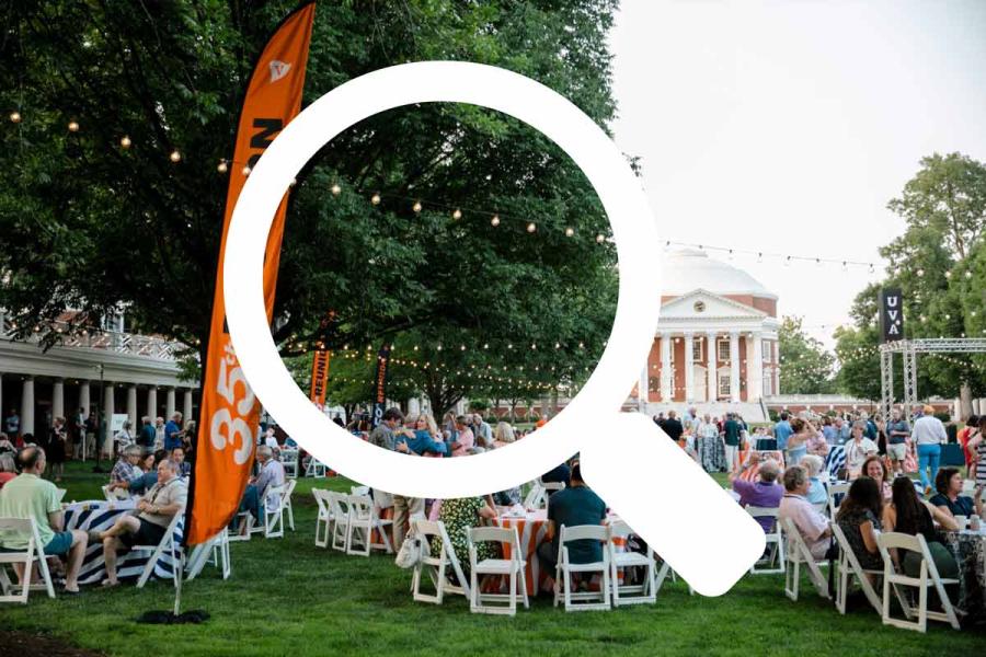 Illustration of a magnifying glass over a photo of a reunions celebration on the Lawn